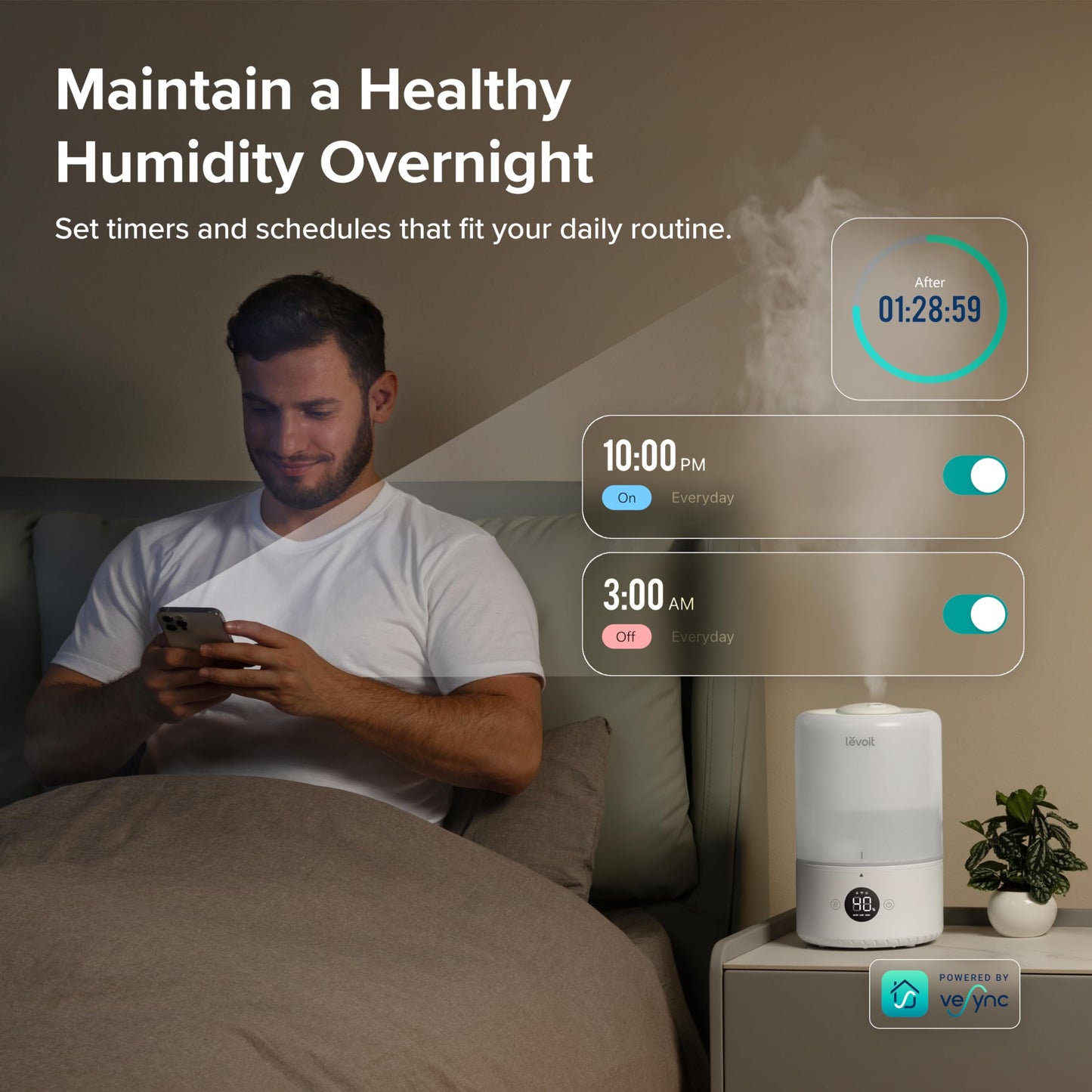 LEVOIT Top Fill Humidifiers for Bedroom, 2.5L Tank for Large Room, Easy to Fill & Clean, 28dB Quiet Cool Mist Air Humidifier for Home Baby Nursery & Plants, Auto Shut-off and BPA-Free for Safety, 25H