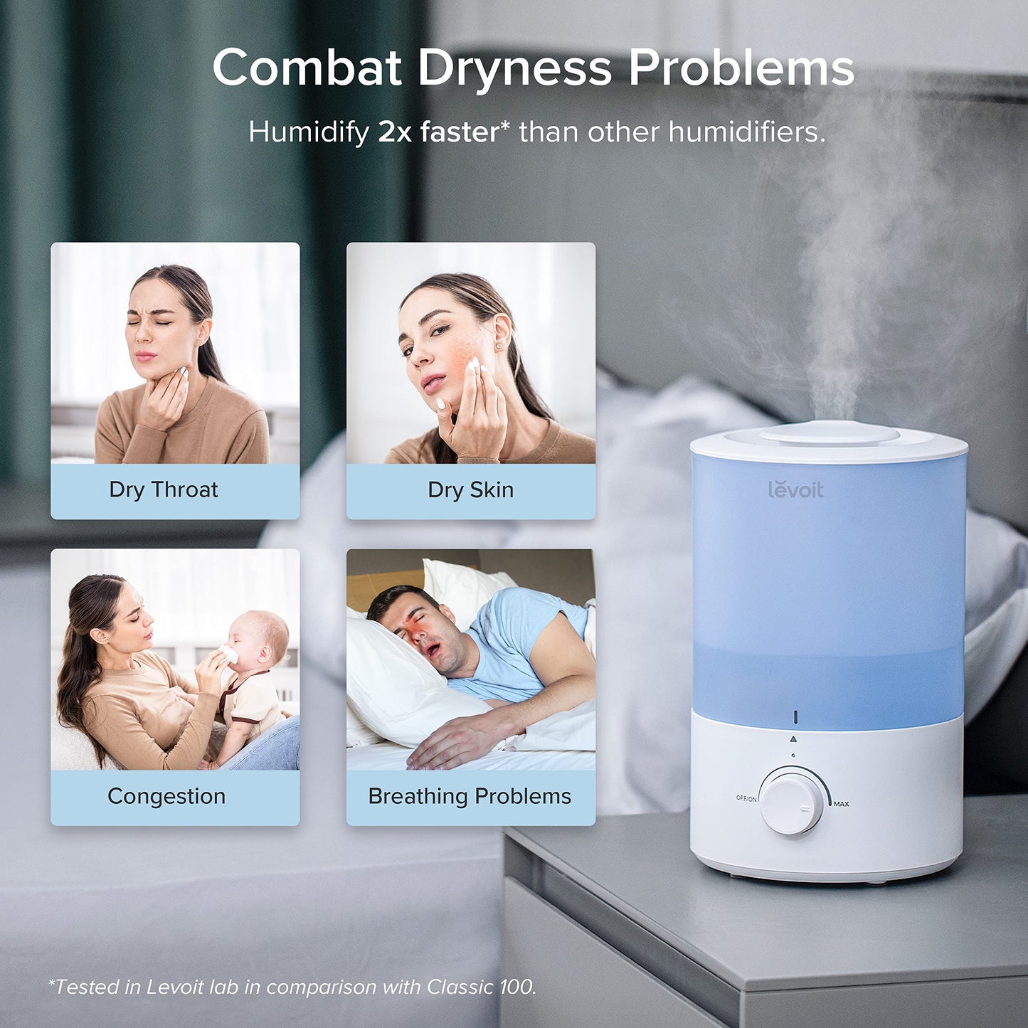 LEVOIT Top Fill Humidifiers for Bedroom, 2.5L Tank for Large Room, Easy to Fill & Clean, 28dB Quiet Cool Mist Air Humidifier for Home Baby Nursery & Plants, Auto Shut-off and BPA-Free for Safety, 25H